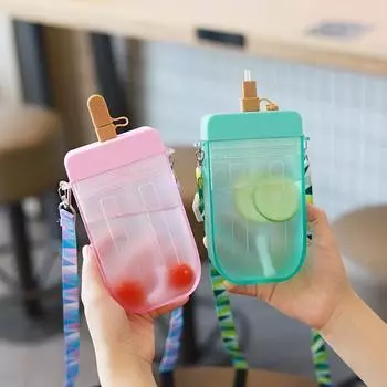 1pc 300ml Creative Popsicle Plastic Water Bottle With Straw Portable Cute Water Cup With Strap Suitable For Outdoor Travel 300ml розовый