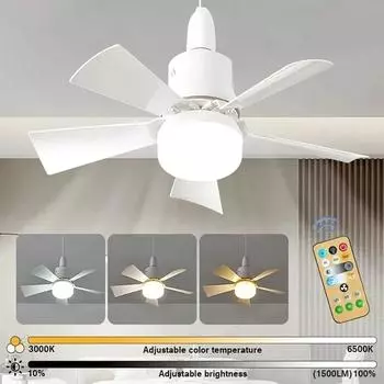 1pc 30W 3-Speed Screw Ceiling Fan with Dimmable E27 Socket LED Light, Remote Control, and Silent Operation for Bathroom, Bedroom 30W белый