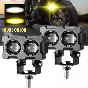 1PC 60W Motorcycle LED Lens Spotlight Double Lenses Spotlight Motorcycles Auxiliary Fog Lamp Dual Color White Yellow Light