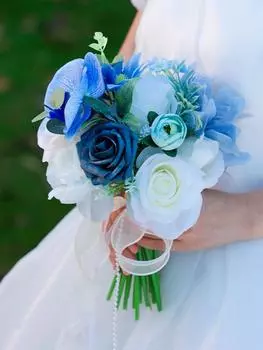 1Pc Artificial Rose Flower for Bride Bridesmaids Wedding Bouquet with Ribbons Fake Flowers Bouquet for Wedding Ceremony and Valentine s Day Party розовый