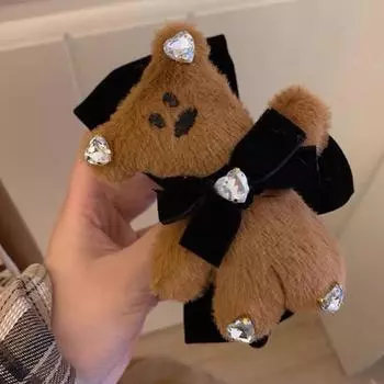 1pc Autumn and winter plush teddy bear bow clip double-sided black hair clip velvet disc hair shark clip hair accessory