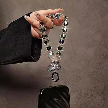 1PC Butterfly Beaded Handheld Chain Wristlet Acrylic Black Diamond Checkerboard Phone Chain Bag Lanyard Short Lanyard