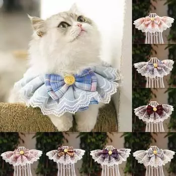 1PC Cute Pet Lace Bib Pink Plaid Ribbon Dog Cat Bowtie Collar Necklace Decoration Organza Cotton Gauze Bibs Pet Accessories XS