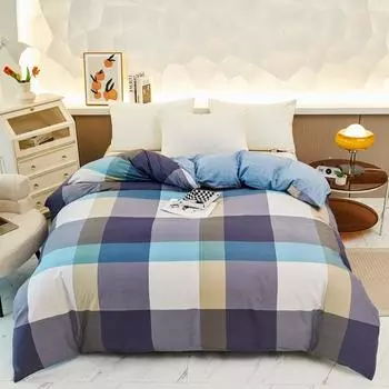 1pc Geometric Plaid Pattern Duvet Cover 100% Natural Cotton Soft Breathable Comforter Cover with Zipper Closure & Corner Ties 150x200cm Single 1Pc