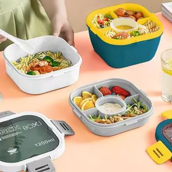 1pc Lunch Box With Cutlery Set,BPA Free Plastic Bento Box,4 Compartment Food Container,For Students And Workers,Kitchen Stuff 2
