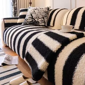1PC Nordic Stripes Sofa Cover Soft Warm Lamb Wool Couch Mat Slipcover Anti-slip Chaise Longue Sofa Cushion Pad for Living Room A 70x70