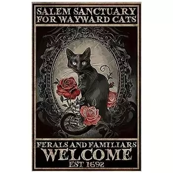 1pc, Salem Sanctuary For Wayward Cats Halloween Metal Tin Sign (8 x12 /20cm*30cm), Vintage Plaque Decorative Wall Art белый