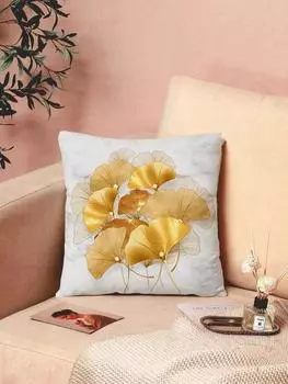 1pc Short Plush Green And Gold Ginkgo Leaf PatternPillowcase, Sofa Bedroom Car Cushion, Without Pillow Insert,18*18inch 450mm*450mm
