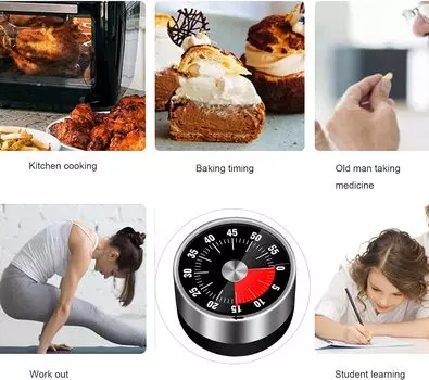1pc,Stainless Steel Mechanical Kitchen Timer 60-Minute Visual Countdown Timer Reminder Magnetically Mounted чёрный