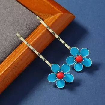 1Pc Style Burnt Blue Glazed Flowers One-word Clip Niche Ethnic Style Ancient Clothing Headgear Classical Temperament Broken Hair Clip