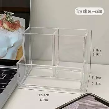 1pc The Transparent Acrylic Three-compartment Pen Holder for Desk Renovation, Student Desktop Storage Box прозрачный