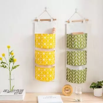 1PC Three Pockets Hanging Wall Storage Bag Household Bedroom Living Room Kitchen Cotton Linen Storage Bag 3 frames зелёный