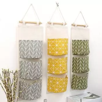 1pc Three Tier Cotton Linen Blend Hanging Bag,Creative Geo Pattern Multi-layer Moistureproof Sundries Hanging Pocket Behind Door темно-серого