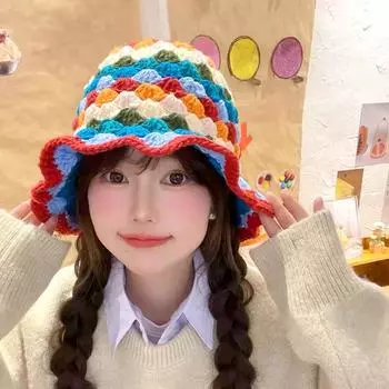 1PC Warm Breathable Dopamine Splicing Plaid Bucket Hedawear Cold Resistant Outdoor Windproof Rainbow Hat Ear Protection