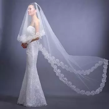 1PC Wedding Veil Lace Edge Long Luxurious Bridal Veil White Ivory Veil with Comb with Comb Cathedral Bride Accessories чёрный