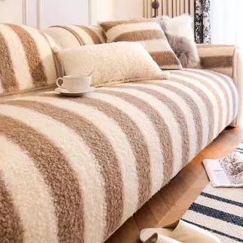 1PC Winter Plush Sofa Mat Cover Soft Lamb Wool Sofa Slipcover Anti-slip Black White Stripes Corner Couch Cushion for Living Room A 70x70