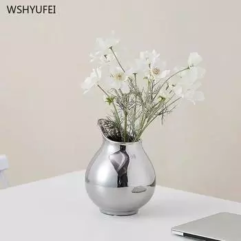 1PCS silver ceramic pot shaped floral ware with a high-end feel living room decoration model room niche ornaments ceramic vase