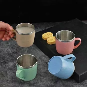 1pcs Stainless Steel Cup Wheat Straw Element Small Water Cup Household Anti-hot Anti-drop Coffee Milk Cup Tea Drink Water Cup 220ml небесно-голубой