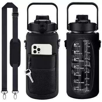 1Pcs Water Bottle Cover Bag Pouch w/Strap Neoprene Water Bottle Carrier Insulated Bag Thermal Mug Pouch Holder Shoulder Strap чёрный
