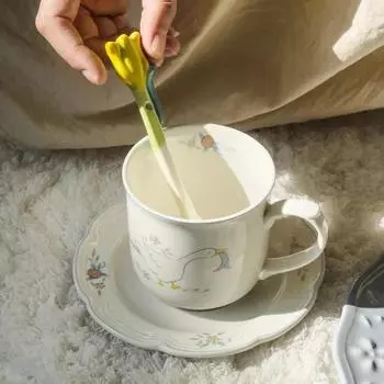 1set Korean Style Creative Cute Swan Hand-painted Coffee Milk Cups Dessert Plate Kitchen Mug Ceramic Cup Spoon Afternoon Tea Mug 250ml