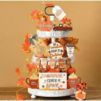1Set Receiving Pumpkin Desktop Ornaments Holiday Gifts Decorative Gifts Autumn Harvest Wooden Layered Tray Decorative Ornaments