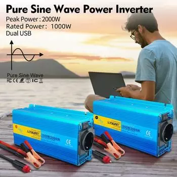 2000W (Вершина горы) DC 12V/24V до 230V 1000W Номинальная мощность Чистый синус Инвертор 2 USB 5V3.1A Порты Для Кемпинга Дома Автономная Солнечная Система 12V 220V EU Socket синий