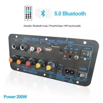 200 Вт AC 220 В 12 В 24 В цифровой Bluetooth стерео усилитель плата сабвуфер двойной микрофон усилители караоке для 8-12 дюймов динамик EU Plug