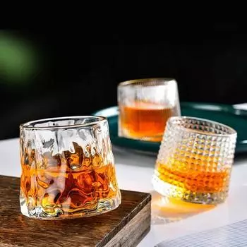 200ml Rotatable Whiskey Glass Cup Novelty Old Fashioned Wine Glass with Wooden Base Scotland Red Wine Glasses Bar Glassware Tool 200ml
