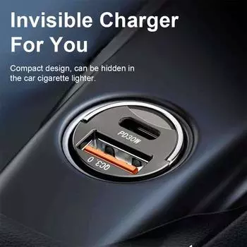 200W Mini Car Dual Port 100w PD USB Type C Phone Charger Fast Charging Metal Pull Invisible Charger Car Interior Accessories