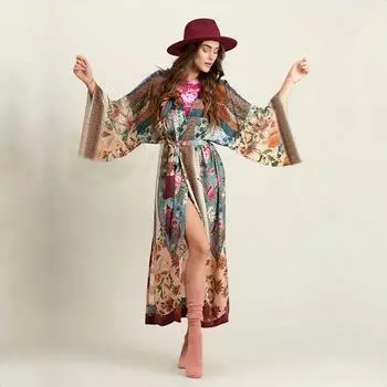 2022 Boho Хлопковое бикини с принтом Туника Пляжное платье Повседневный кардиган Купальники Cover Up Q653 One Size разноцветный