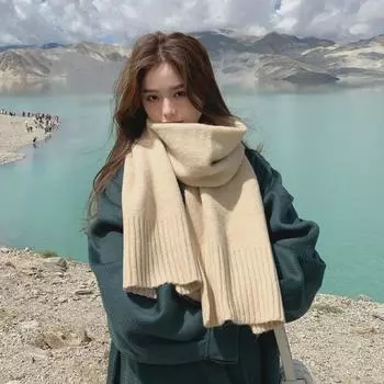2022 Korean-Style Simple Knit Wool Scarf: Warm, Versatile, Solid Color for Female Students 32*180 cm