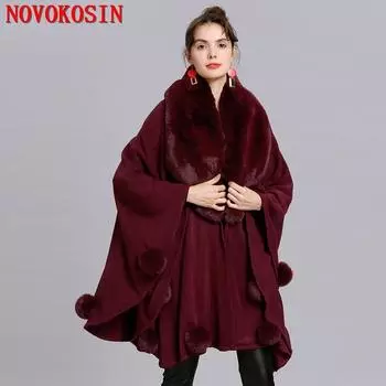 2022 шаль с большим искусственным лисьим мехом, накидка с меховым шариком, пончо, женский зимний теплый плотный уличный кардиган, свободное пальто One Size бежевый