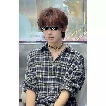 2023 Summer New Plaid Mid-Length Sun Protection Shirt Long Sleeve Loose Polo Collar Versatile Slimming Thin Top M синий