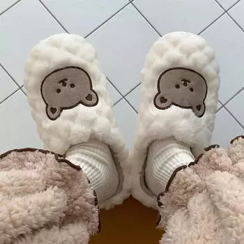 2024 Autumn and winter cartoon cute bear plush shoes female winter Korean fashion students home with warm head cotton slippers 36-37 хаки