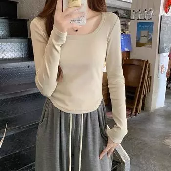 2024 Autumn New Design Irregular Hem T-shirt Women s Square Neck Right Shoulder Hot Girl Short Long Sleeve Top S