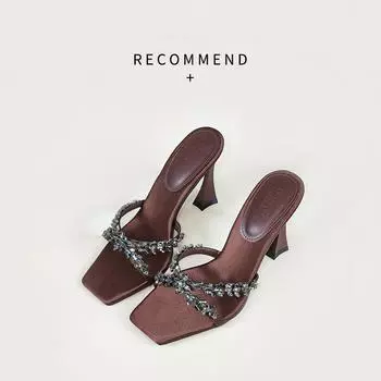 2024 autumn new super high heel cross rhinestone square head open toe sandals women s silk sexy stiletto high heels 34
