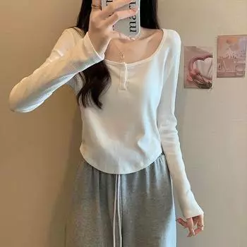 2024 Autumn Square Neck Long Sleeve T-shirt Women s Slim Fit Irregular Design Chic Short High Waist Top S