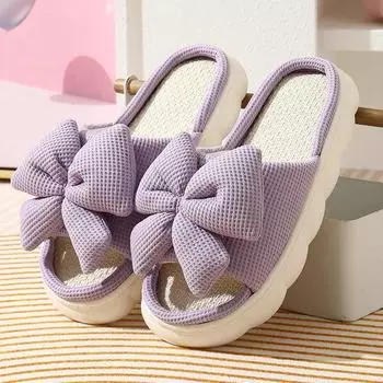 2024 Autumn Winter New Women Home Slippers Open-Toe Bowknot Linen Soled Indoor Slides Linen Soled Non-Slip Bathroom Slippers 36-37 чёрный