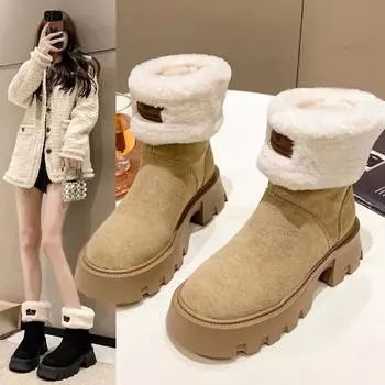 2024 Best-selling New Thick Soled Elevating Snow Boots Winter Plus Warm Vintage Thick Heel Pile Collar Short Boots Cotton Shoes 35 хаки