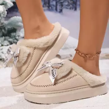 2024 Casual Fashion Thick Sole New Round Toe Plush Slippers Winter Comfortable Flat Bottom Suede Bow Women s Cotton Shoes 36-37 бежевый