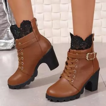 2024 Chelsea Boots Patchwork Hollow Lace Women Lolita Shoes Platform Chunky High Heel Lace Up Bow Ankle Boots Sweet Party 35 коричневый