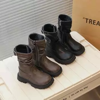2024 Children Boots for Girls Winter New Fashion Korean Style Soft Anti-slippery Versatile Keep Warm Covering Calf Leather Shoes 24 кофейный