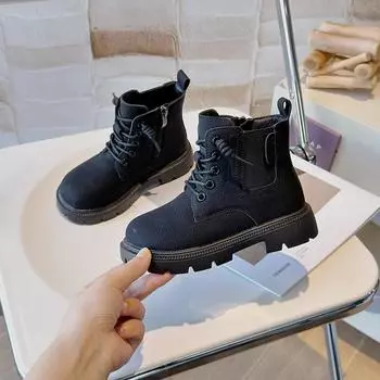 2024 Children Short Boots for Girls Autumn Winter New Fashion Korean Style Soft Sole Anti-slippery Versatile Ankle Leather Shoes 26 чёрный