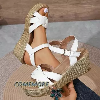 2024 Chunky Platform White Sandals Women s Summer Pu Leather Wedge Heels Sandalias Female Ankle Straps Thick Sole Sandles Black 36 чёрный