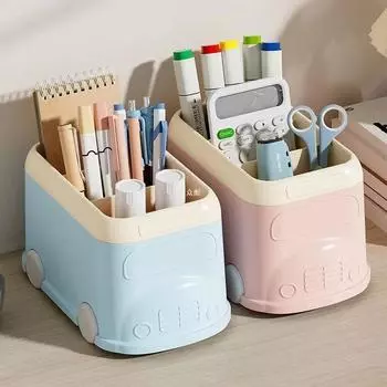 2024 Desktop Storage Box Cartoon Grid Pen Holder Pen Bucket Stationery Tabletop Miscellaneous Items Storage Rack Sorting Box розовый