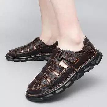 2024 Fashion Shoes Men s Summer New Retro Leather Non-slip Beach Slip-on Sandals Travel Flip-flops Slippers Black Brown 38 чёрный