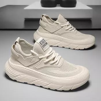 2024 Flying weaving breathable summer thick-soled heightening men s sports shoes daily casual running lace-up versatile men s shoes 39