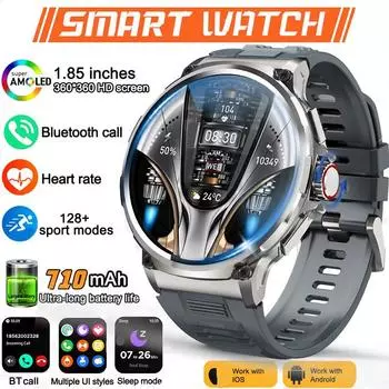 2024 GPS Track Smart Watch Men 1,85-дюймовый HD AMOLED экран 710 мАч аккумулятор Sport Bluetooth Call Smartwatch New Silicone band чёрный