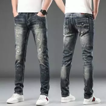 2024 High-End Retro Nostalgic Ripped Patch Jeans Men S Trendy Brand Personalized Spray Painted White Small Leg Elastic Pants 28