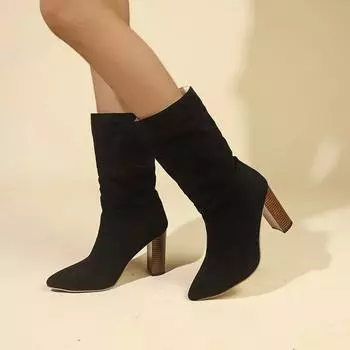2024 High Quality Women s Shoes Slip on Mid-Calf Women s Boots Autumn Pointed Toe Solid Flock High Heels Large Size Roman Boots 35 коричневый